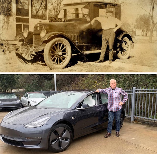 "Na donjoj slici je moj djed, vozi Teslu, model 3. Na gornjoj fotki je njegov otac slikan prije 100-ak godina."