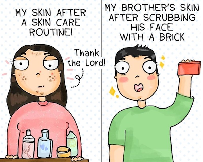 Moja koža nakon skin care rutine / Bratova koža nakon što izriba lice ciglom