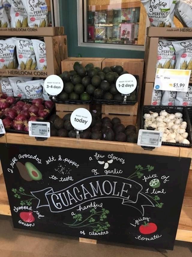 Ovi ljudi su imali genijalne ideje koje će svakome olakšati život ovaj dućan razvrstava avokado po tome kad je spreman za konzumaciju, a ispod imaju i recept za guacamole umak.