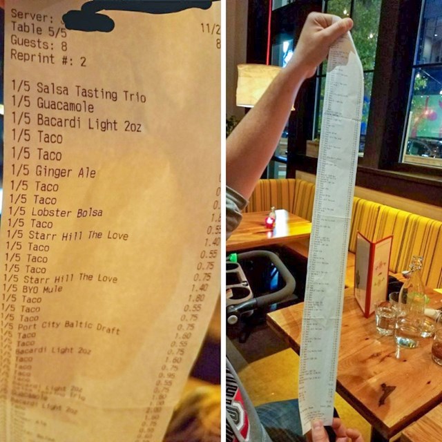 nekoliko prijatelja došlo je u restoran. konobaru su rekli da podijeli račun na 5 jednakih dijelova. evo što im je donio.