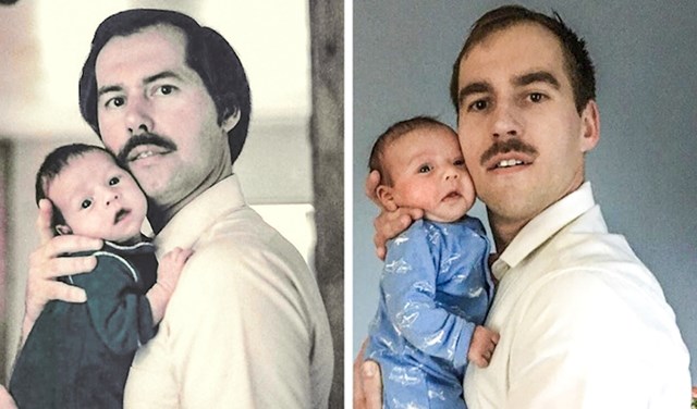 "Rekreirao sam 30 godina staru fotografiju mene i mog oca. Na desnoj slici smo moja kćer i ja. Brkovi nisu pravi."