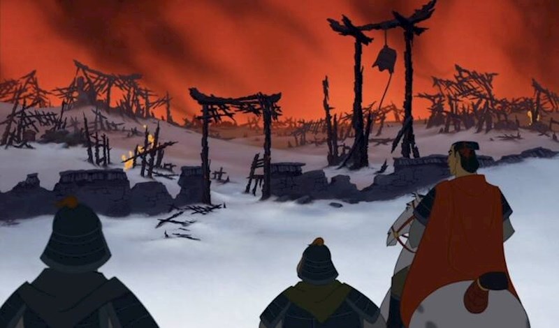 2. U Mulan, popularne Disneyjeve pjesme prestaju nakon scene sa zapaljenim selom.Crtić poprima puno ozbiljniji ton.