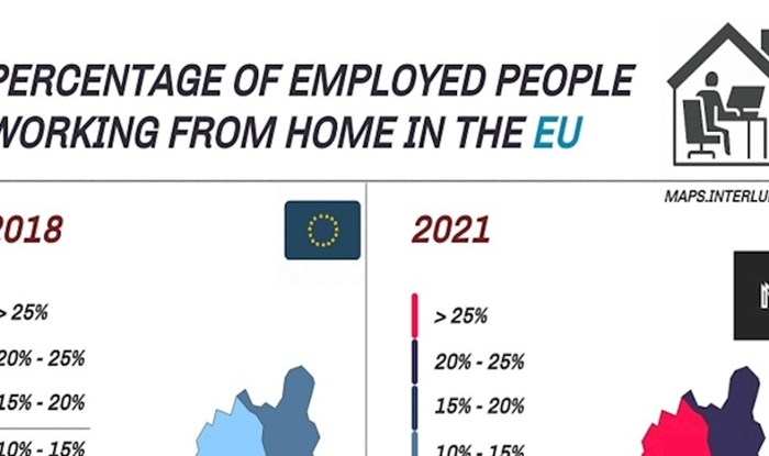 Mapa pokazuje koliko se u 3 godine povećao broj ljudi koji rade od kuće u pojedinim zemljama EU