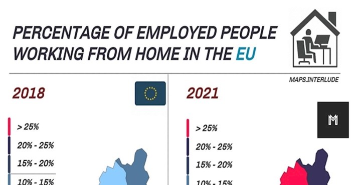 Mapa pokazuje koliko se u 3 godine povećao broj ljudi koji rade od kuće u pojedinim zemljama EU