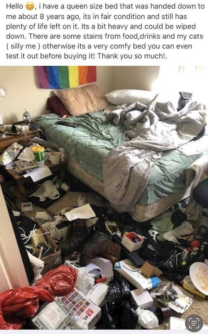 4. Netko prodaje krevet s mrljama od hrane, pića i mačaka😬