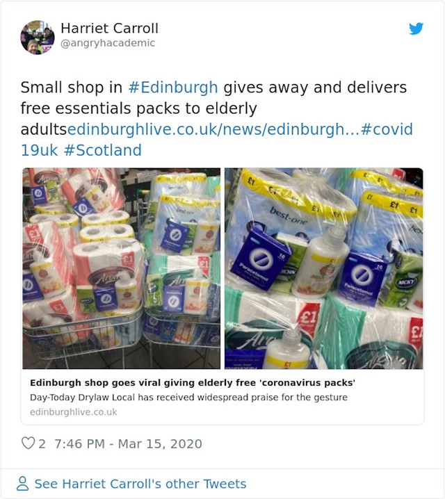 18. Maleni dućan u Edinburgu daruje i besplatno dostavlja potrepštine starijim ljudima.