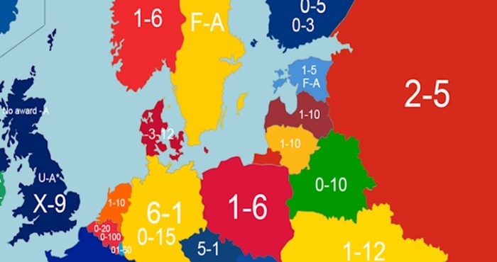 Mapa prikazuje sistem ocjenjivanja u školama u pojedinim europskim državama, iznenađujuća je