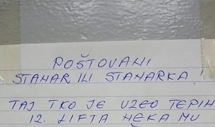 Netko je ukrao tepih iz kabine lifta, morate vidjeti poruku koju je lopovu ostavila jedna stanarka
