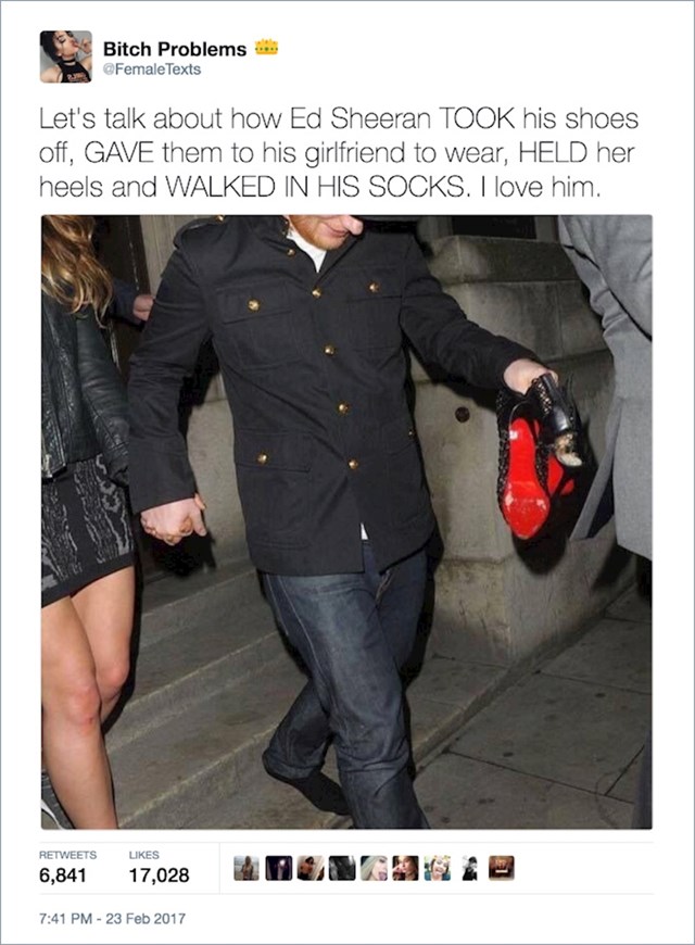13. Uzmimo trenutak za divljenje Edu Sheeranu koji je skinuo svoje cipele, dao svojoj curi da ih obuče, uzeo njezine štikle u ruke i nastavio hodati u čarapama.