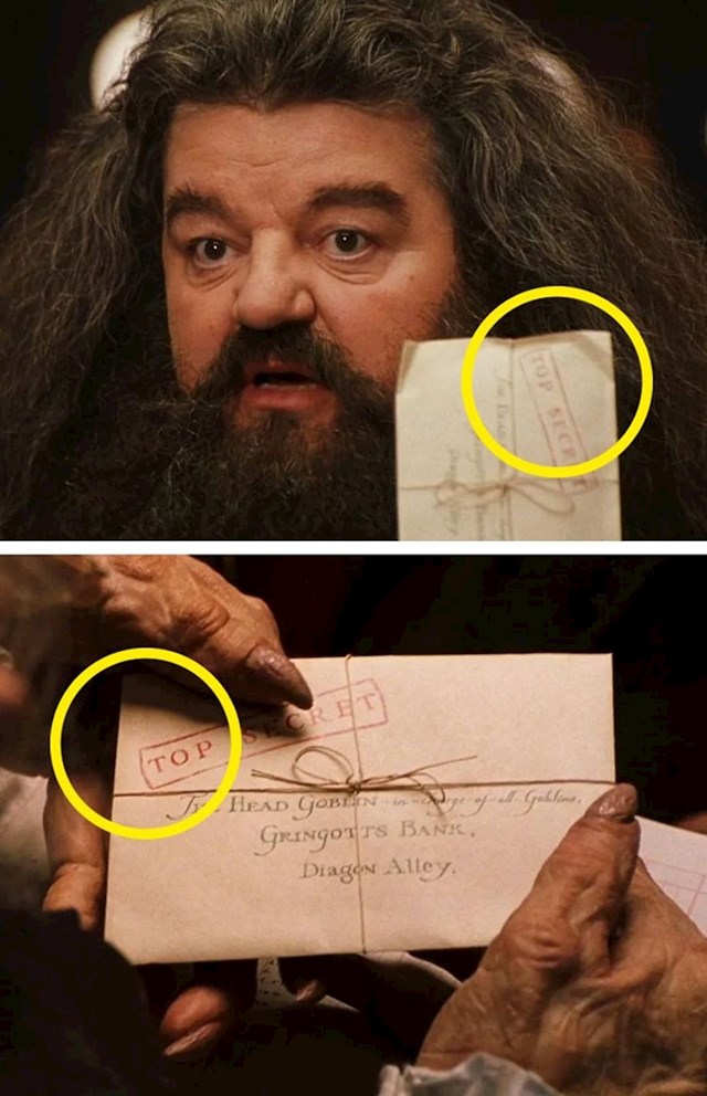 3. Hagridova omotnica je presavijena kad ju on drži, a čim ju primi goblin postane ravna.