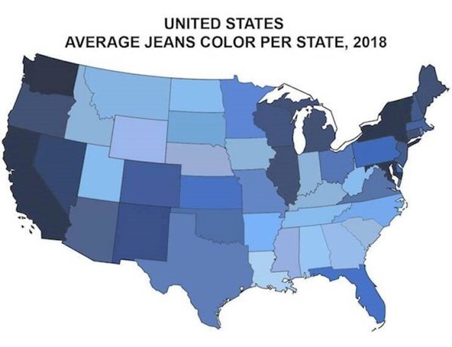 15. Prosječna boja traperica u različitim državama u SAD-u