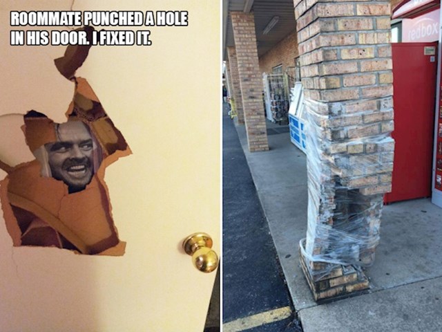 3. Cimer mu je udario zid i napravio rupu, a on ju je popravio.🤣