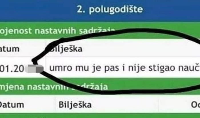 Učeniku je ponestalo opravdanja zašto nije naučio gradivo, bilješke njegove učiteljice su hit