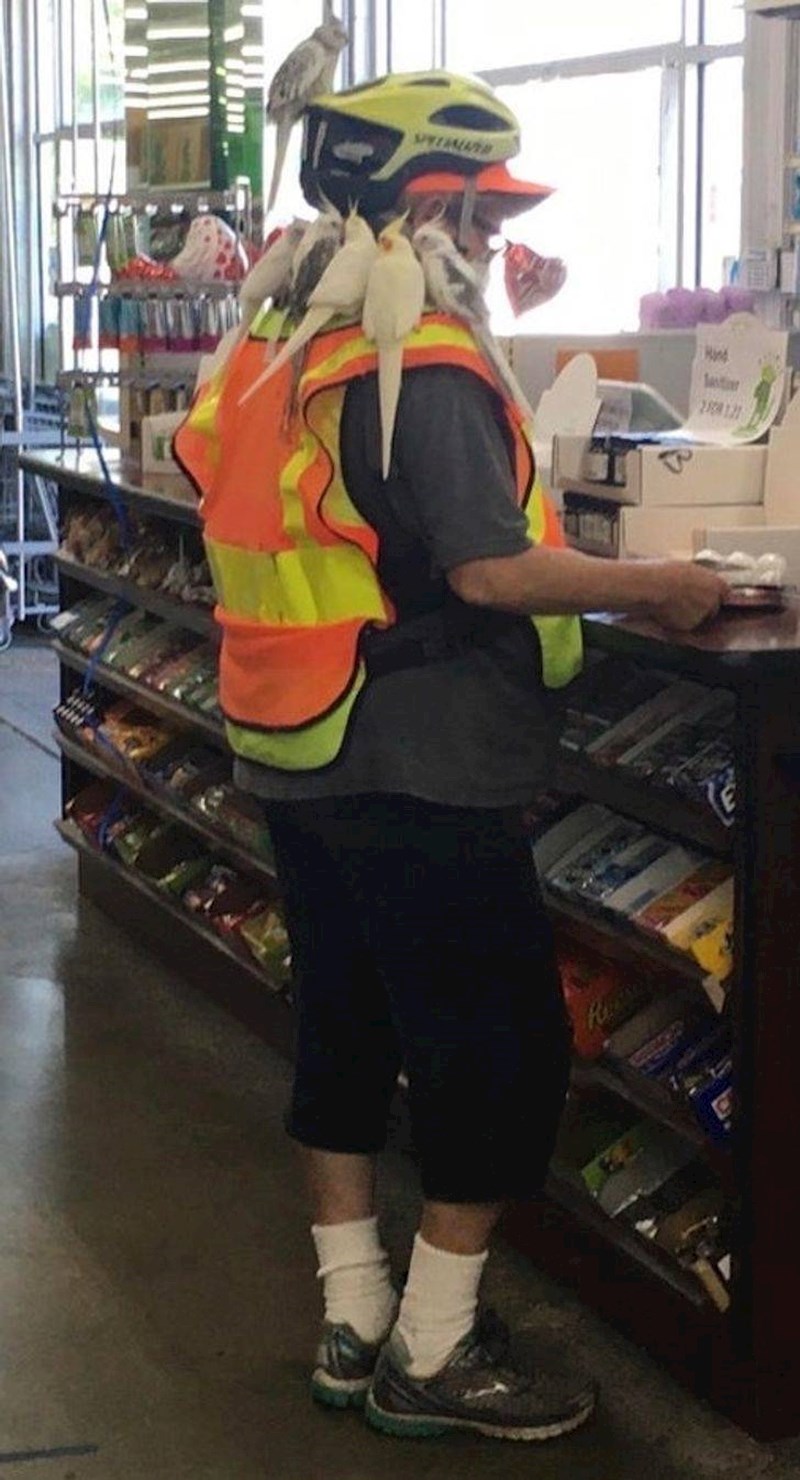 5. Žena koja je došla do dućana na biciklu, s 5 papiga na ramenima i leđima i jednom na glavi