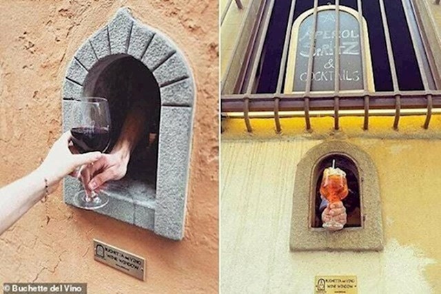 2. Ovaj "vinski prozor" u Italiji napravljen je za vrijeme pandemije kuge kako bi vinari ljudima mogli i dalje prodavati vino. Prošle godine je ponovno aktiviran.