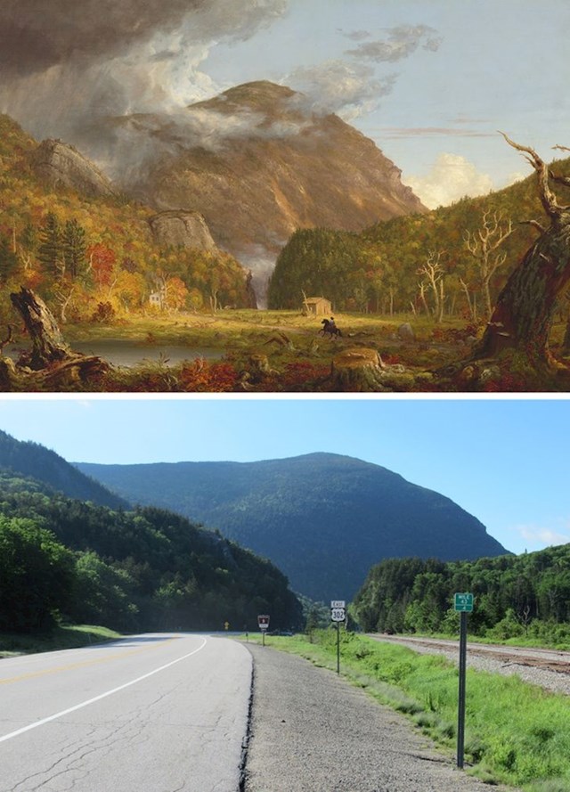1. Slika planine Crawford Notch u SAD-u naslikana 1939. i fotografija snimljena 2019.