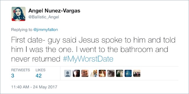 4. Tip mi je na prvom spoju rekao da mu se obratio Isus i rekao mu da sam ja ona prava. Otišla sam na wc i nikada se nisam vratila.