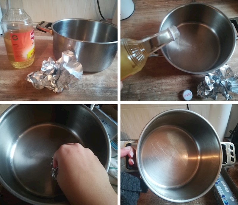 9. Iskoristite aluminijsku foliju i jabučni ocat kako biste očistili mrlje od vruće vode na loncima i tavama.