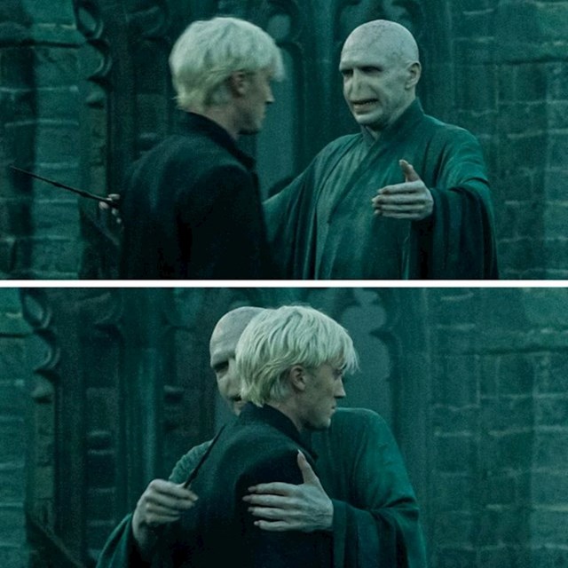 3. Zagrljaj Draca Malfoyja i Lorda Voldemorta bio je potpuno improviziran. Zato oba glumca djeluju tako nespretno.