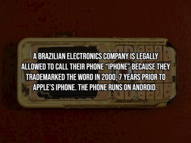 5. Elektroničkoj tvrtki  iz Brazila pravno je dopušteno zvati svoje mobitele "Iphone". To je zato što su patetnirali tu riječ još 2000. godine, 7 godina prije Applea. Njihovi mobiteli su androidi.