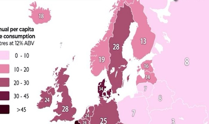 Mapa pokazuje koji narodi u Europi piju najviše, a koji najmanje vina; pogledajte Hrvatsku