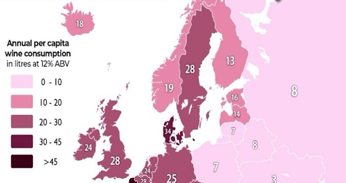 Mapa pokazuje koji narodi u Europi piju najviše, a koji najmanje vina; pogledajte Hrvatsku