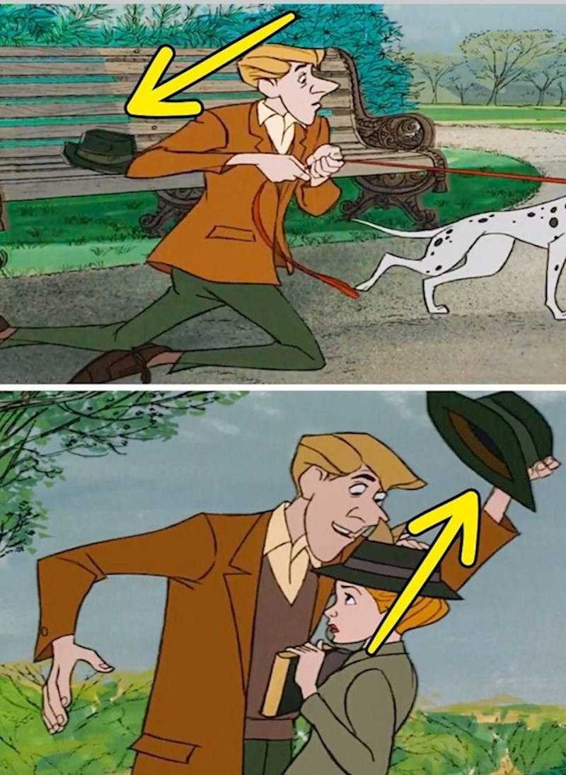 11. 101 dalmatinac: Rogeru šešir ostaje na klupi, a nekoliko trenutaka kasnije ga koristi kako bi se ispričao ženi.