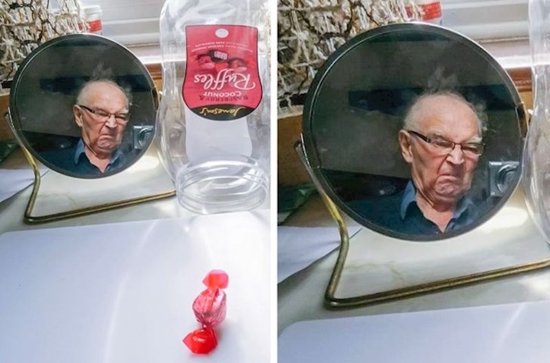 14. "Moj djed poslao mi je fotku na kojoj se vidi da je pojeo čokoladice koje sam mu poklonila. Ali nije skužio facu koju je napravio!"🤣