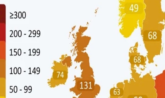 Mapa pokazuje broj zatvorenika na 100 tisuća ljudi u europskim državama, pogledajte Hrvatsku