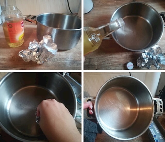 9. Iskoristite aluminijsku foliju i jabučni ocat kako biste očistili mrlje od kamenca na loncima i tavama.