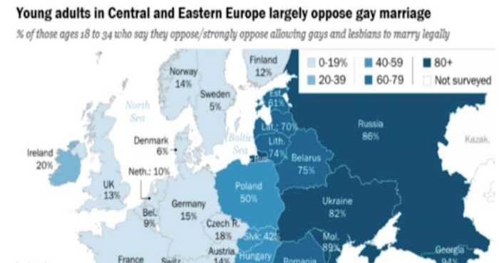Mapa prikazuje postotak mladih koji se protive istospolnim brakovima, pogledajte kako stoji Hrvatska