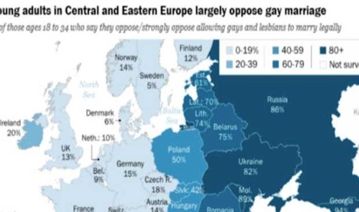 Mapa prikazuje postotak mladih koji se protive istospolnim brakovima, pogledajte kako stoji Hrvatska