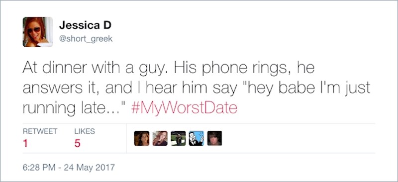 15. Na večeri sam s tipom. Zazvonio mu je mobitel, javio se i čujem kako kaže "hej dušo, oprosto, malo kasnim..."