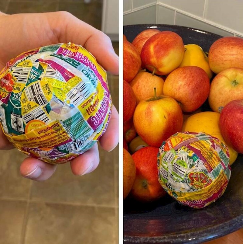 2. Već godinama skuplja naljepnice s voća i formirao ih je u kuglu koja je sada veća od prosječne jabuke