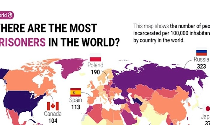 Mapa prikazuje u kojim državama svijeta ima najviše, a u kojima najmanje zatvorenika
