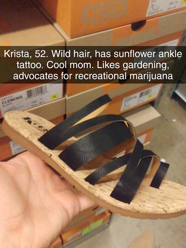 11. Krista (52). Ima ludu kosu i tetovažu suncokreta na gležnju. Voli vrtlarstvo i zalaže se za rekreativnu upotrebu marihuane.