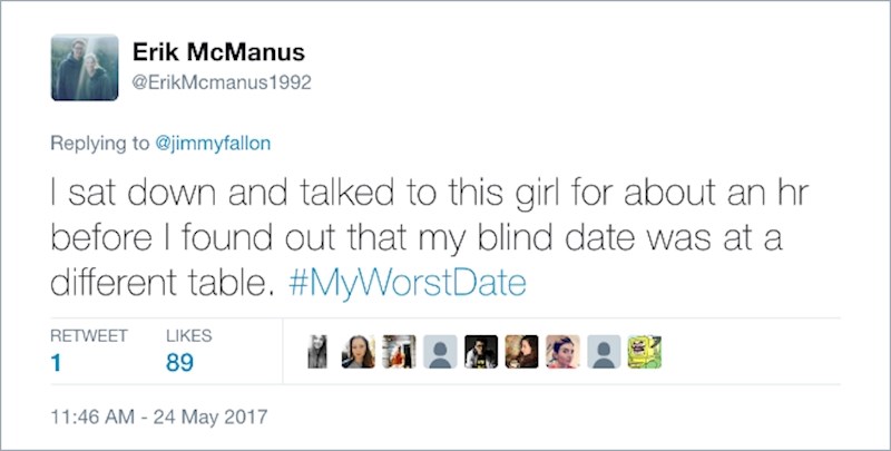 6. Sjeo sam i pričao s djevojkom oko sat vremena i tek onda shvatio da je djevojka s kojom sam trebao na slijepi spoj za stolom pored.