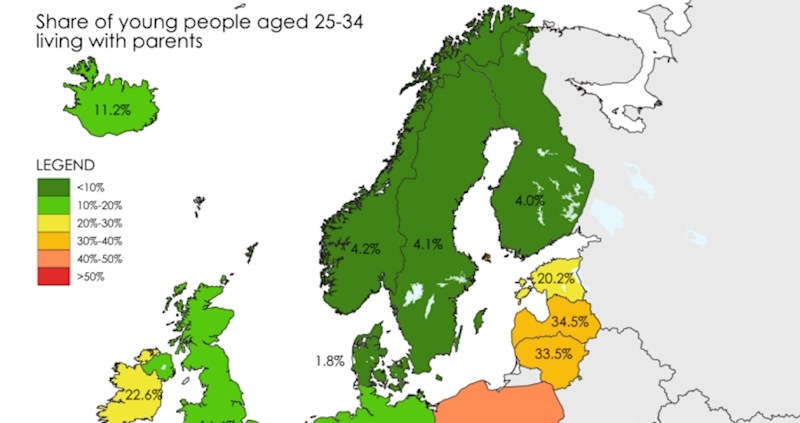 Mapa pokazuje udio mladih koji žive s roditeljima u pojedinim zemljama EU, pogledajte Hrvatsku