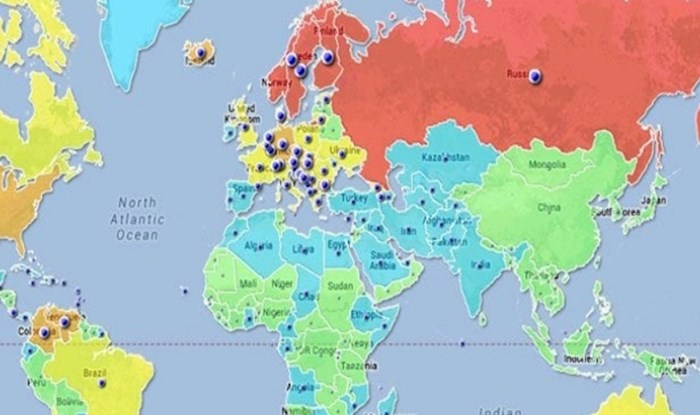 Mapa prikazuje prosječnu veličinu ženskih grudi u različitim zemljama svijeta, pogledajte Hrvatsku