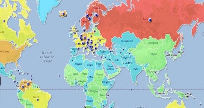 Mapa prikazuje prosječnu veličinu ženskih grudi u različitim zemljama svijeta, pogledajte Hrvatsku