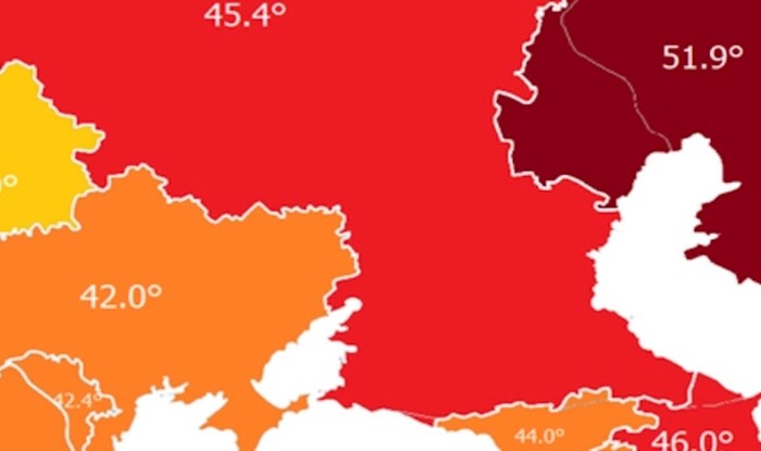 Mapa pokazuje najviše izmjerene temperature u pojedinim europskim državama, pogledajte RH