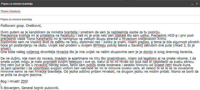 APSOLUTNI HIT: Urnebesna prijava za ministra branitelja