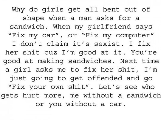 Tražiti sendvič je seksizam, popraviti joj auto - nije?