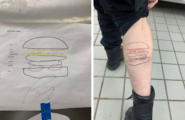 “Moji su kuhari imali problema s tim kako sam točno želio da se slažu hamburgeri, pa sam nacrtao ovo kao pomoć. Jednom od mojih kuhara toliko se svidjelo da ga je tetovirao na nozi. "