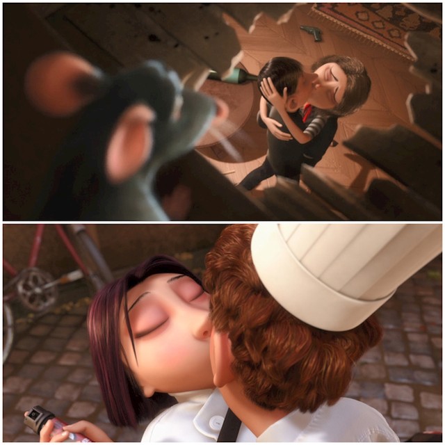 #7 U filmu Ratatouille (2007) Remy vidi kako muškarac ljubi ženu nakon svađe. Kasnije, kad se Colette naljuti, Remy je poljubi na isti način da je smiri.