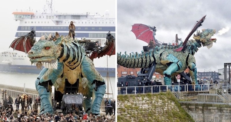 Građani Calaisa svjedočili su 25 metara visokom mehaničkom zmaju kojeg pokreće 17 ljudi