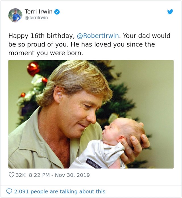 Neposredno prije rođendana Roberta Irwina, njegova majka Terri objavila je dirljivu poruku na Twitteru.