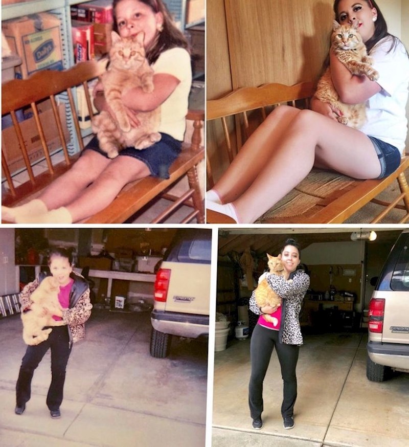 “Na 16. rođendan moje mačke započela sam tradiciju rekreiranja naše fotografije svake godine na njen rođendan. Bliži joj se 18. rođendan.”