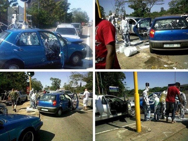 U prometnoj nesreći nitko nije ozlijeđen, a vlasnik plavog automobila naučio je da kantu boje uvijek treba staviti u prtljažnik.