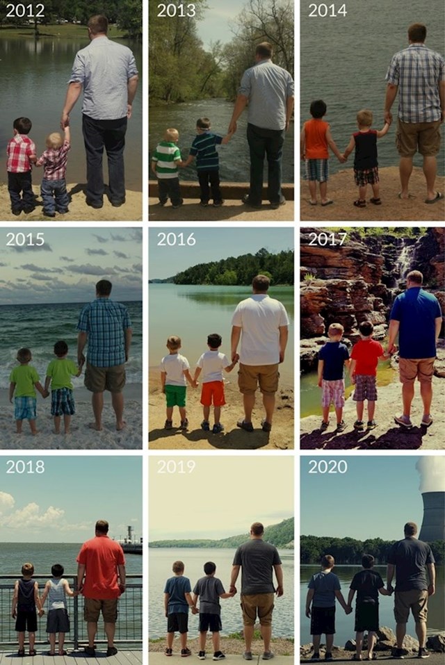 “9 godina fotki oca i sinova. Snimljeno u lipnju svake godine.”